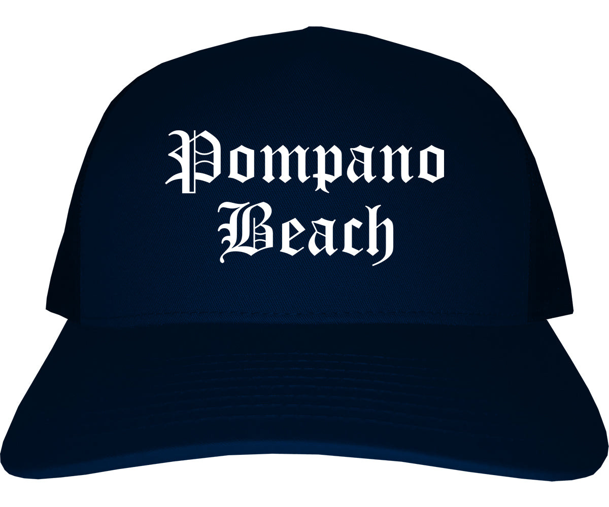 Pompano Beach Florida FL Old English Mens Trucker Hat Cap Navy Blue
