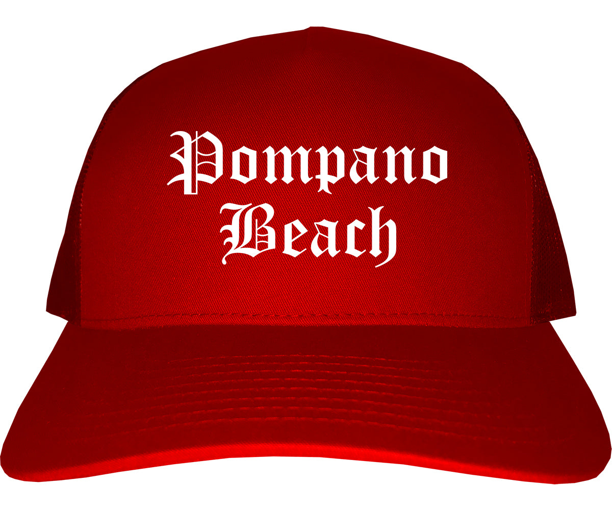 Pompano Beach Florida FL Old English Mens Trucker Hat Cap Red