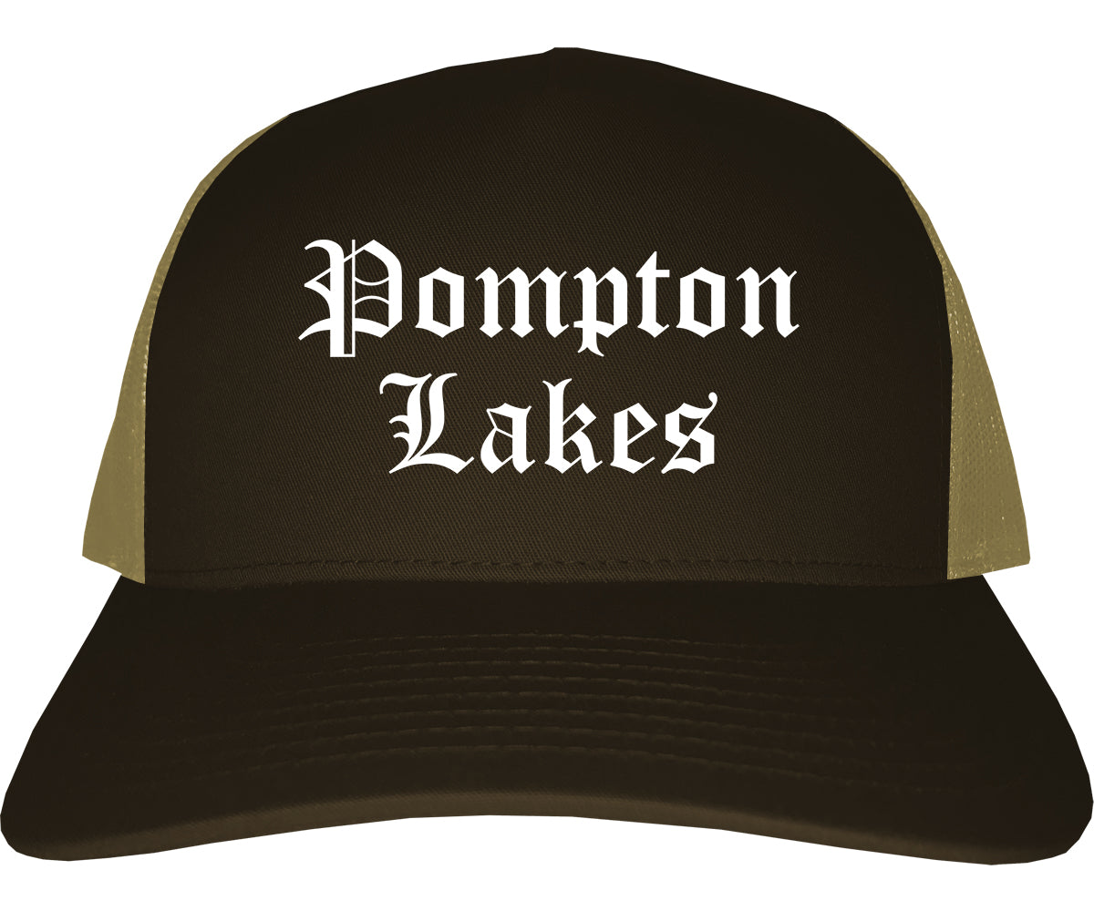 Pompton Lakes New Jersey NJ Old English Mens Trucker Hat Cap Brown