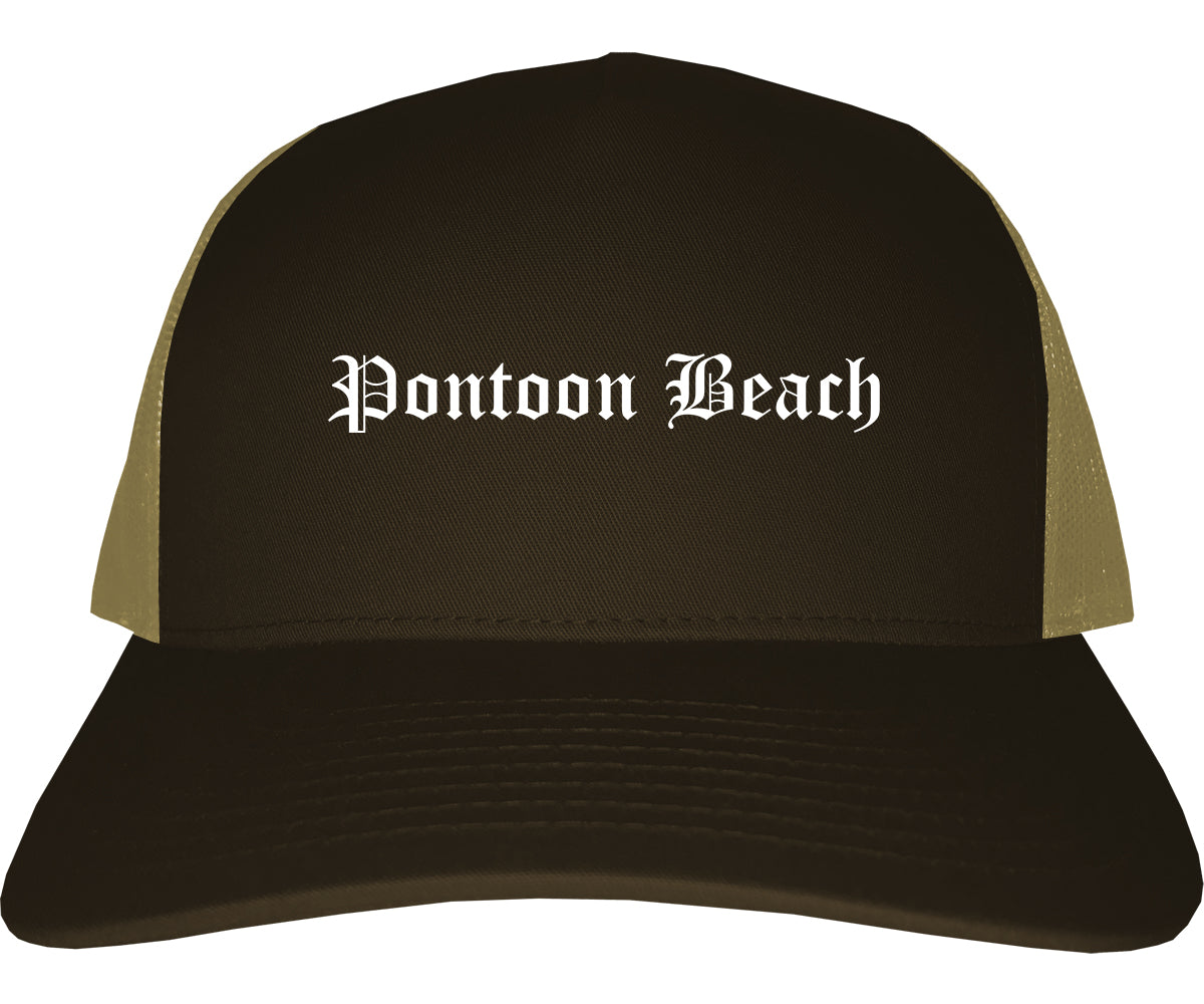 Pontoon Beach Illinois IL Old English Mens Trucker Hat Cap Brown