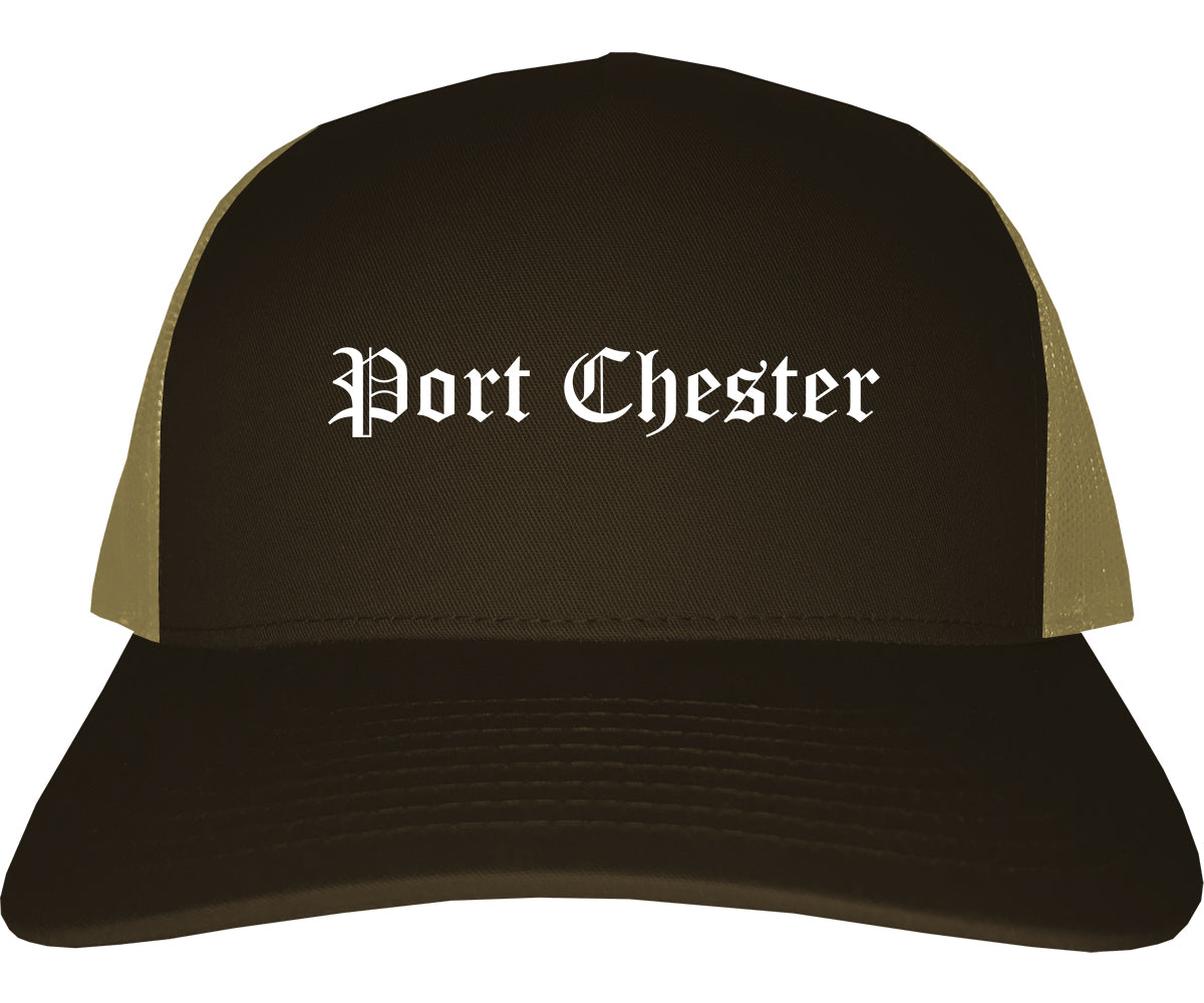 Port Chester New York NY Old English Mens Trucker Hat Cap Brown