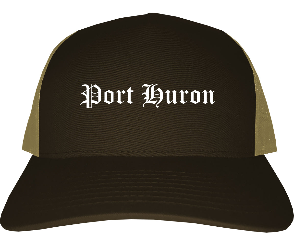 Port Huron Michigan MI Old English Mens Trucker Hat Cap Brown