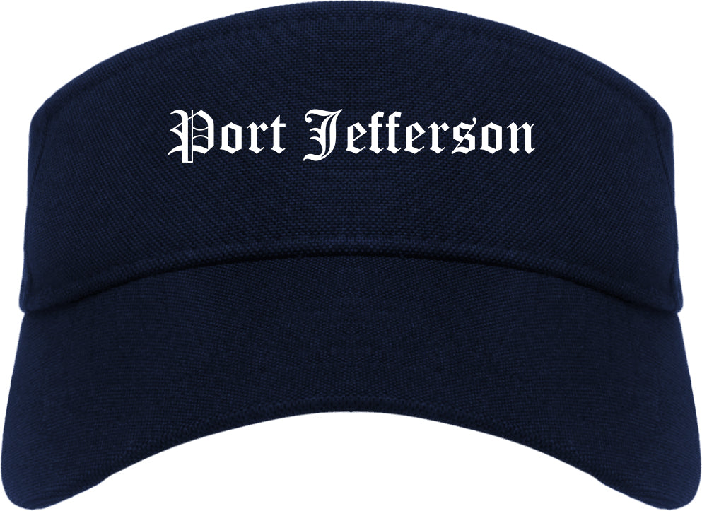 Port Jefferson New York NY Old English Mens Visor Cap Hat Navy Blue