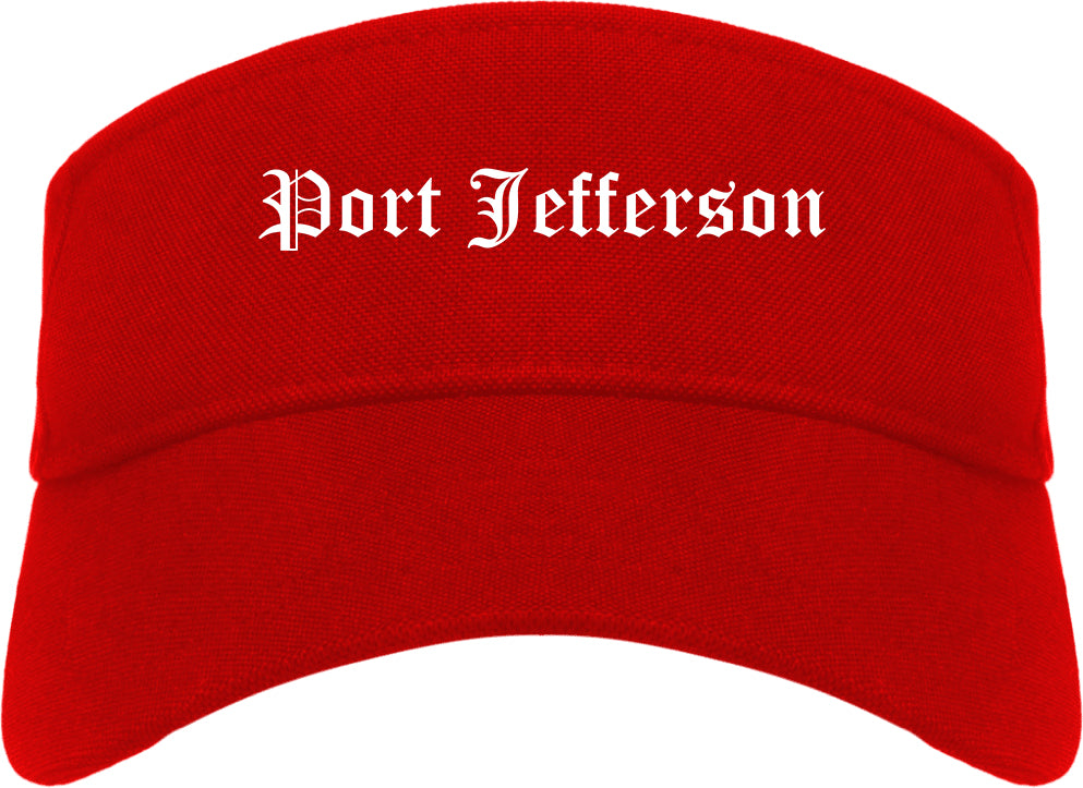 Port Jefferson New York NY Old English Mens Visor Cap Hat Red