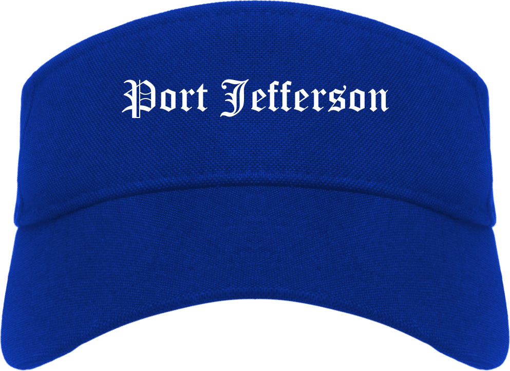 Port Jefferson New York NY Old English Mens Visor Cap Hat Royal Blue