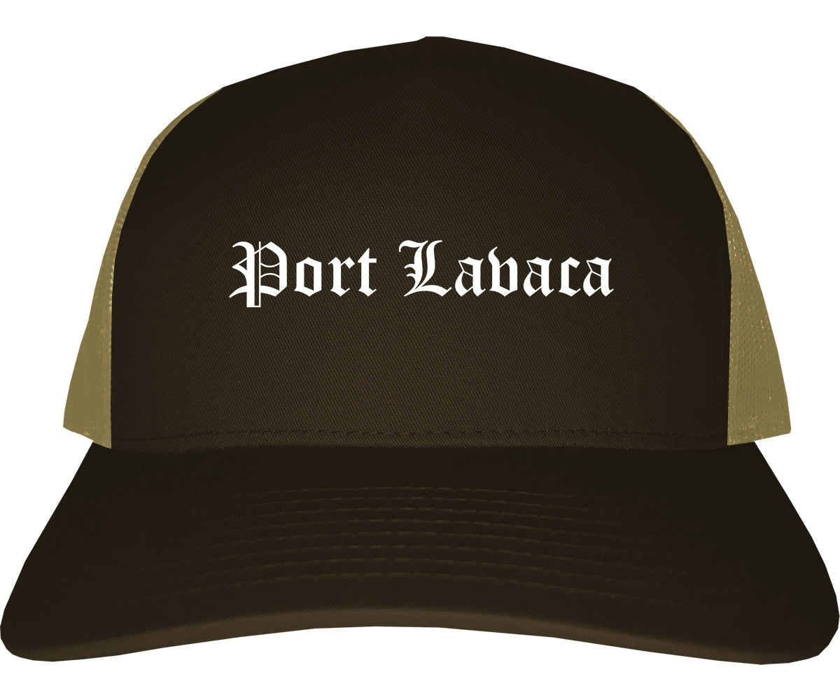 Port Lavaca Texas TX Old English Mens Trucker Hat Cap Brown