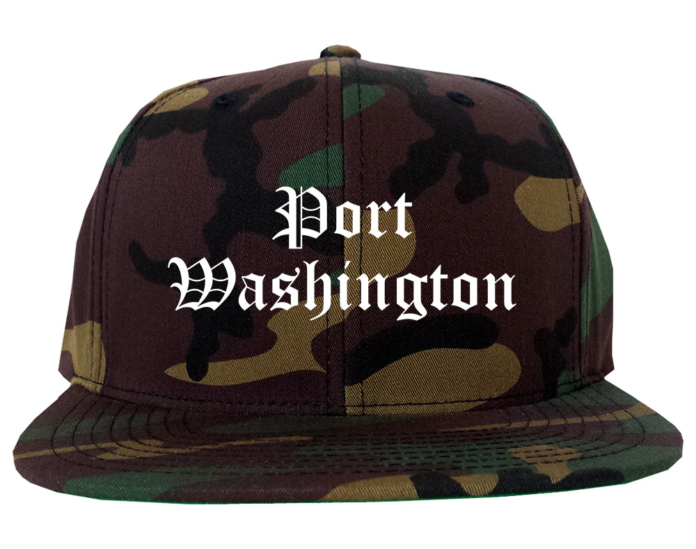 Port Washington Wisconsin WI Old English Mens Snapback Hat Army Camo