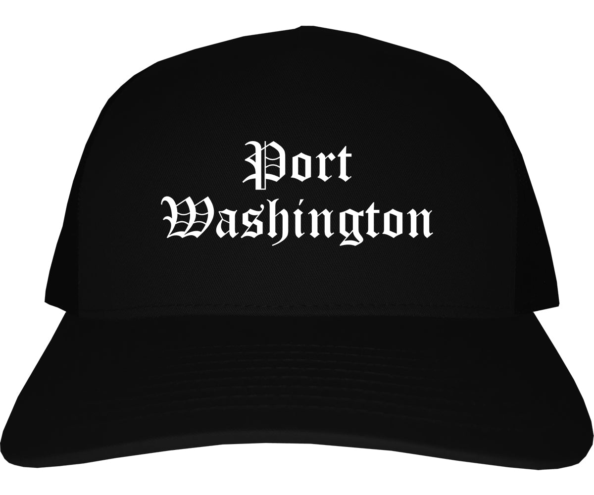 Port Washington Wisconsin WI Old English Mens Trucker Hat Cap Black