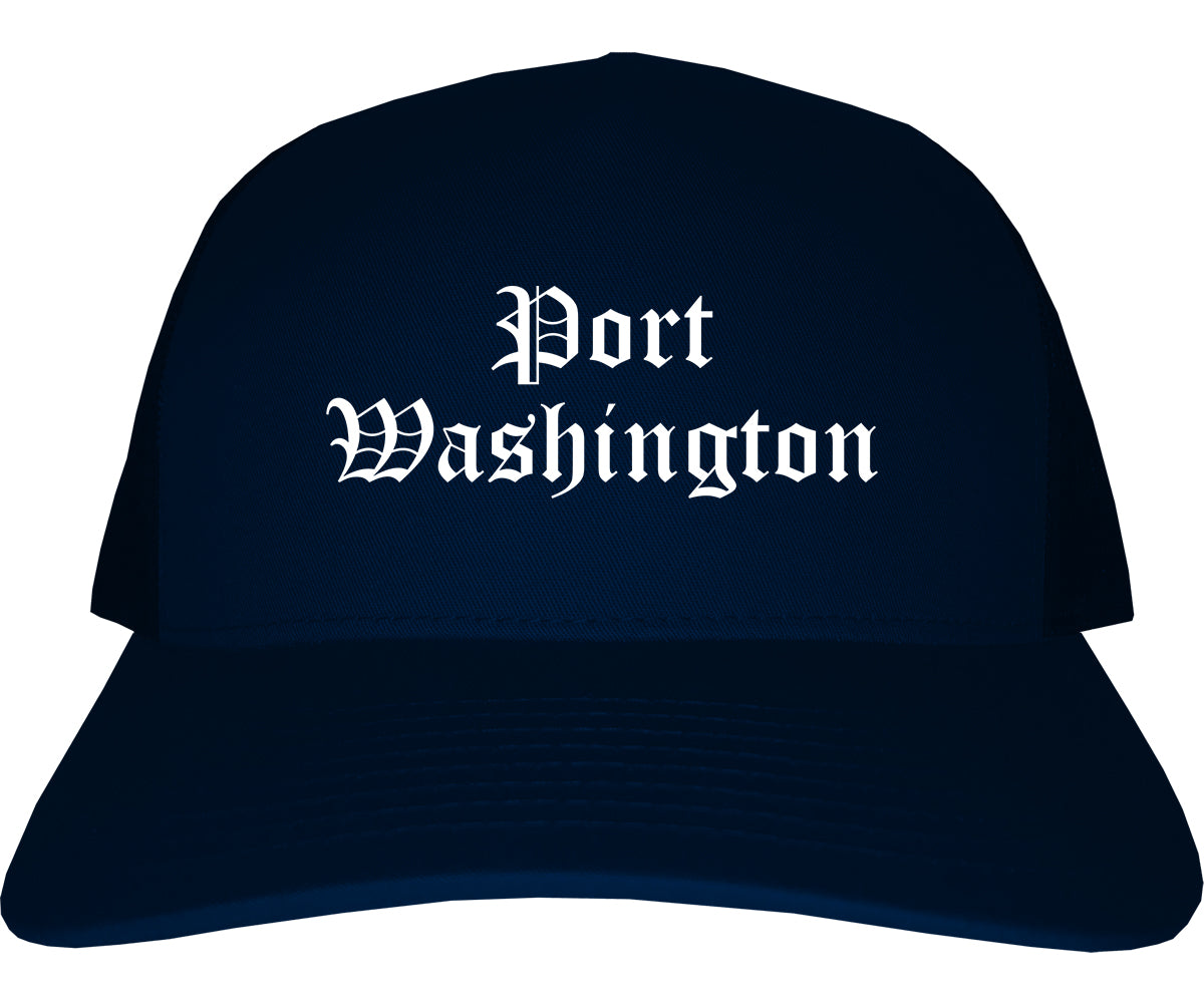 Port Washington Wisconsin WI Old English Mens Trucker Hat Cap Navy Blue
