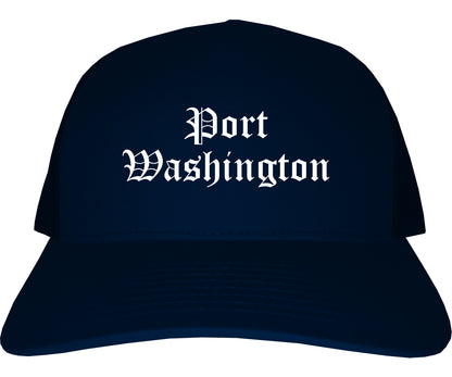 Port Washington Wisconsin WI Old English Mens Trucker Hat Cap Navy Blue