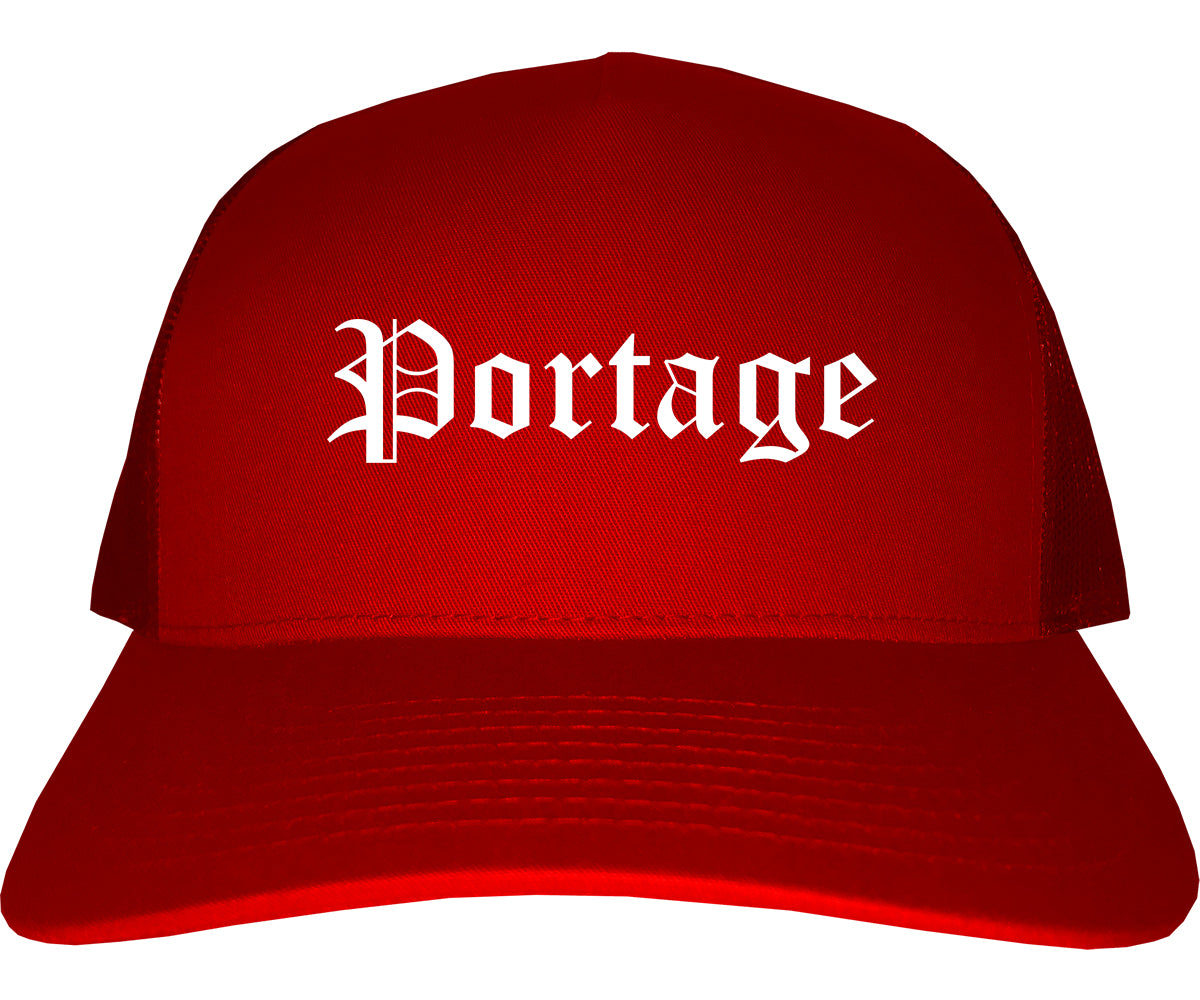 Portage Indiana IN Old English Mens Trucker Hat Cap Red