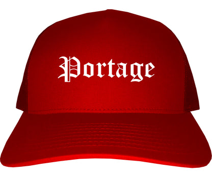 Portage Indiana IN Old English Mens Trucker Hat Cap Red
