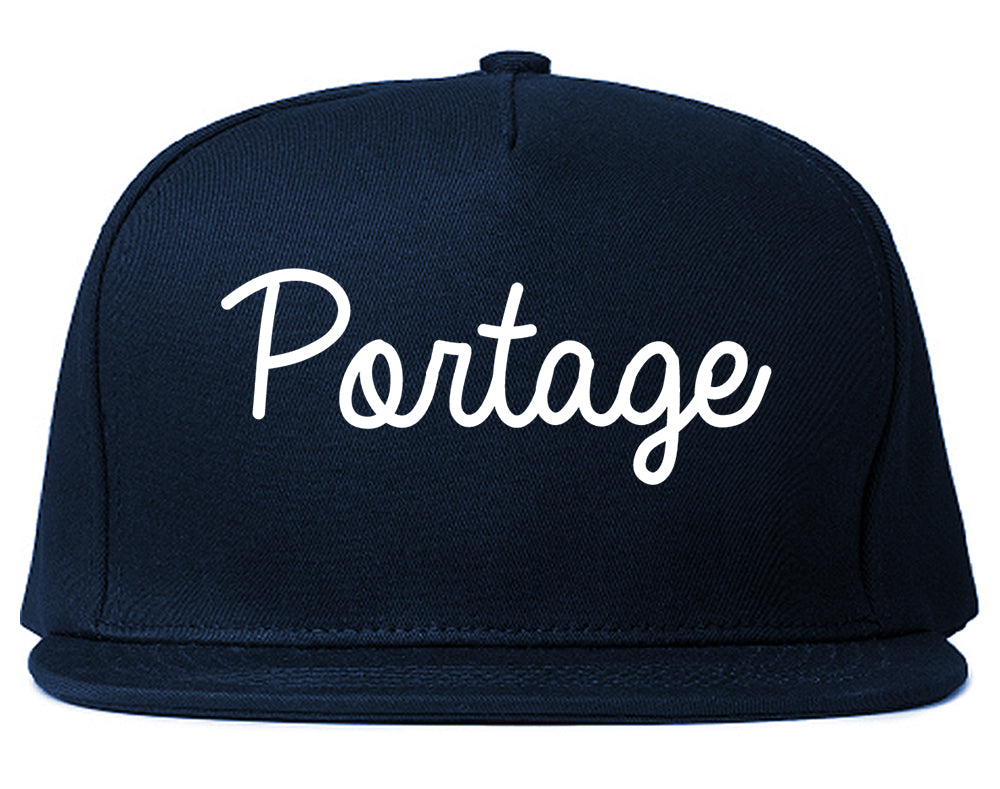 Portage Indiana IN Script Mens Snapback Hat Navy Blue