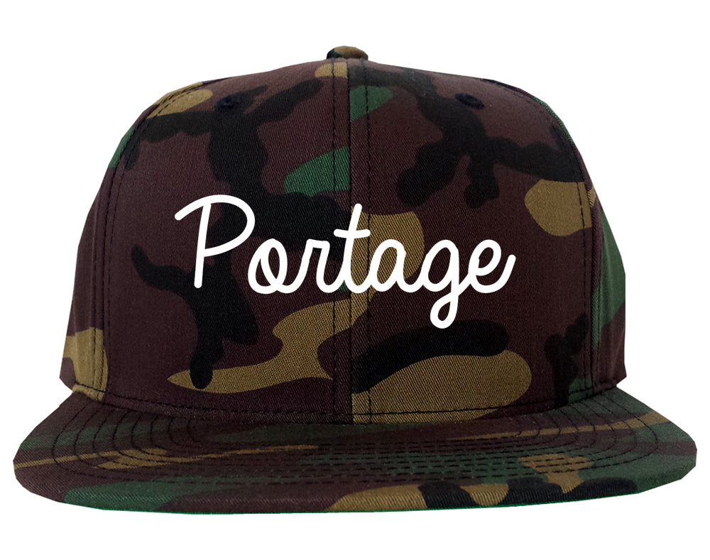 Portage Michigan MI Script Mens Snapback Hat Army Camo