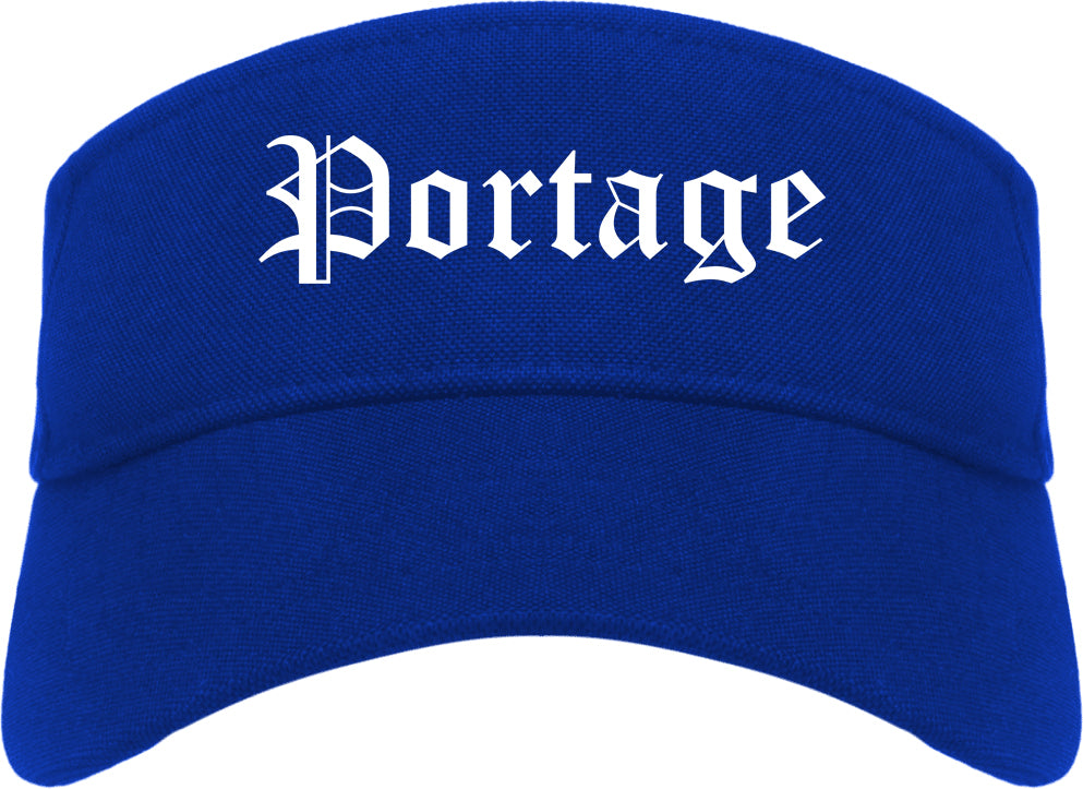 Portage Wisconsin WI Old English Mens Visor Cap Hat Royal Blue