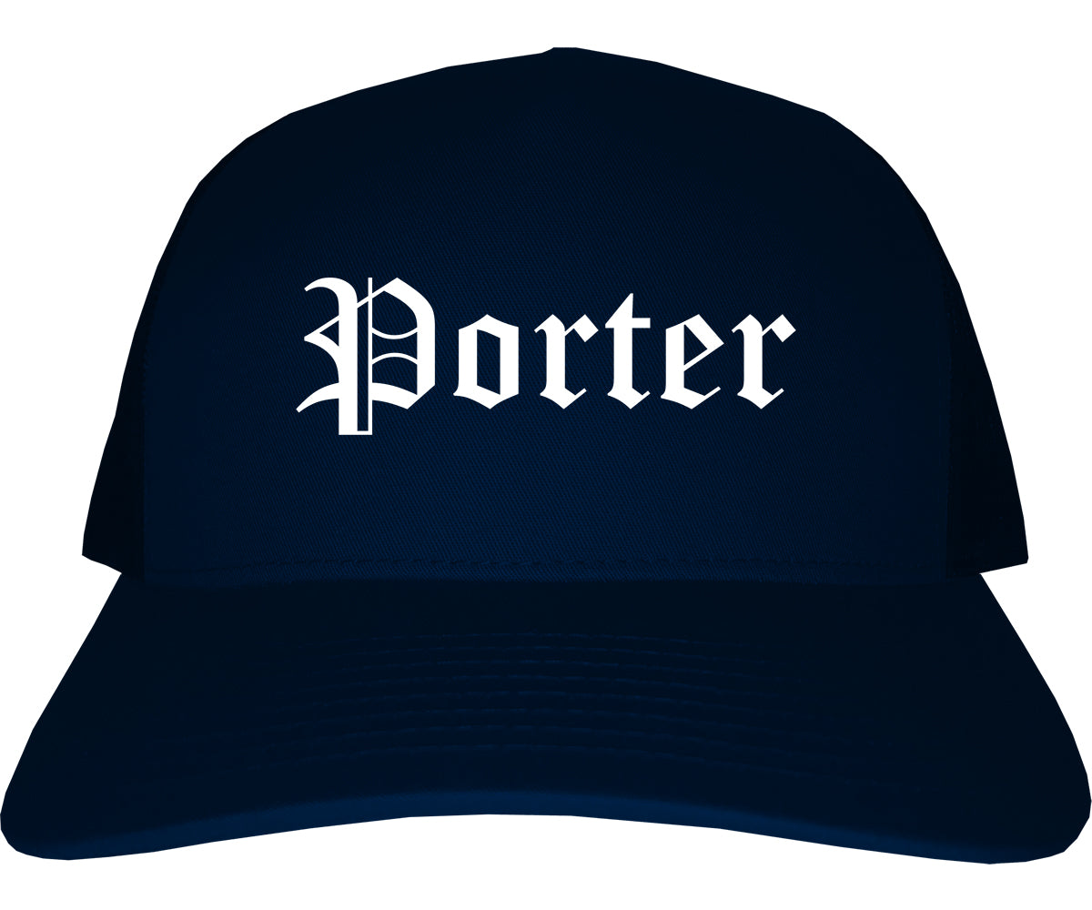 Porter Indiana IN Old English Mens Trucker Hat Cap Navy Blue