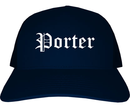 Porter Indiana IN Old English Mens Trucker Hat Cap Navy Blue