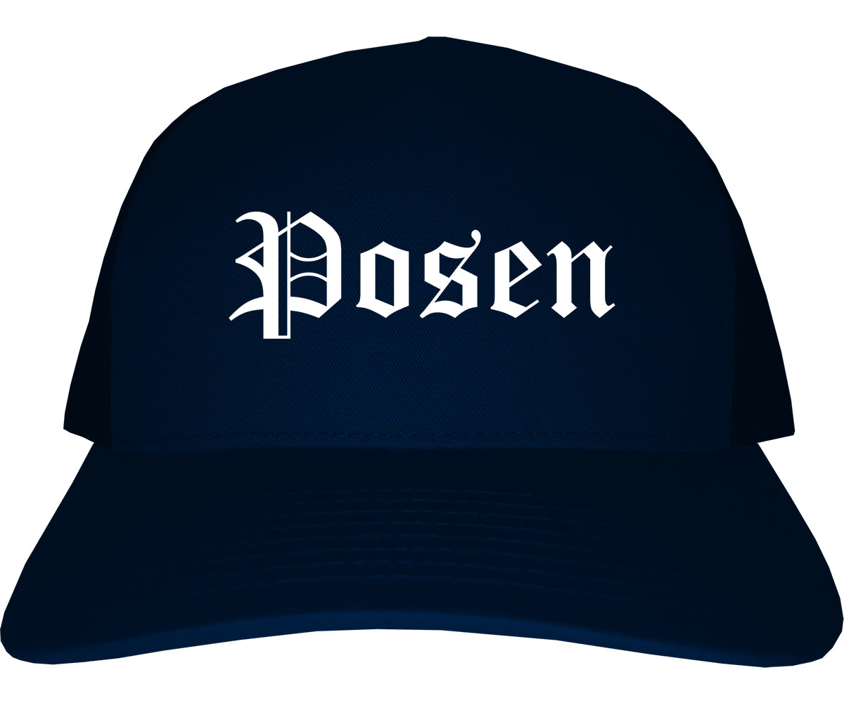 Posen Illinois IL Old English Mens Trucker Hat Cap Navy Blue