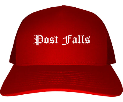 Post Falls Idaho ID Old English Mens Trucker Hat Cap Red