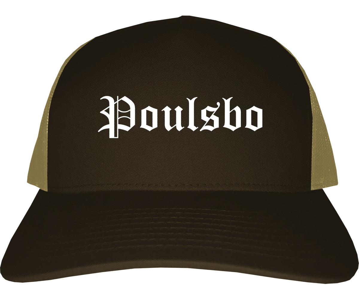 Poulsbo Washington WA Old English Mens Trucker Hat Cap Brown