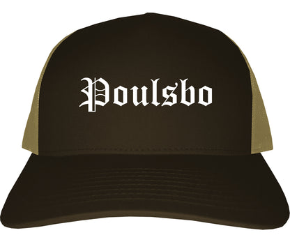 Poulsbo Washington WA Old English Mens Trucker Hat Cap Brown