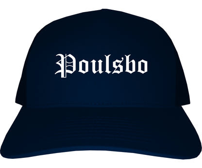 Poulsbo Washington WA Old English Mens Trucker Hat Cap Navy Blue