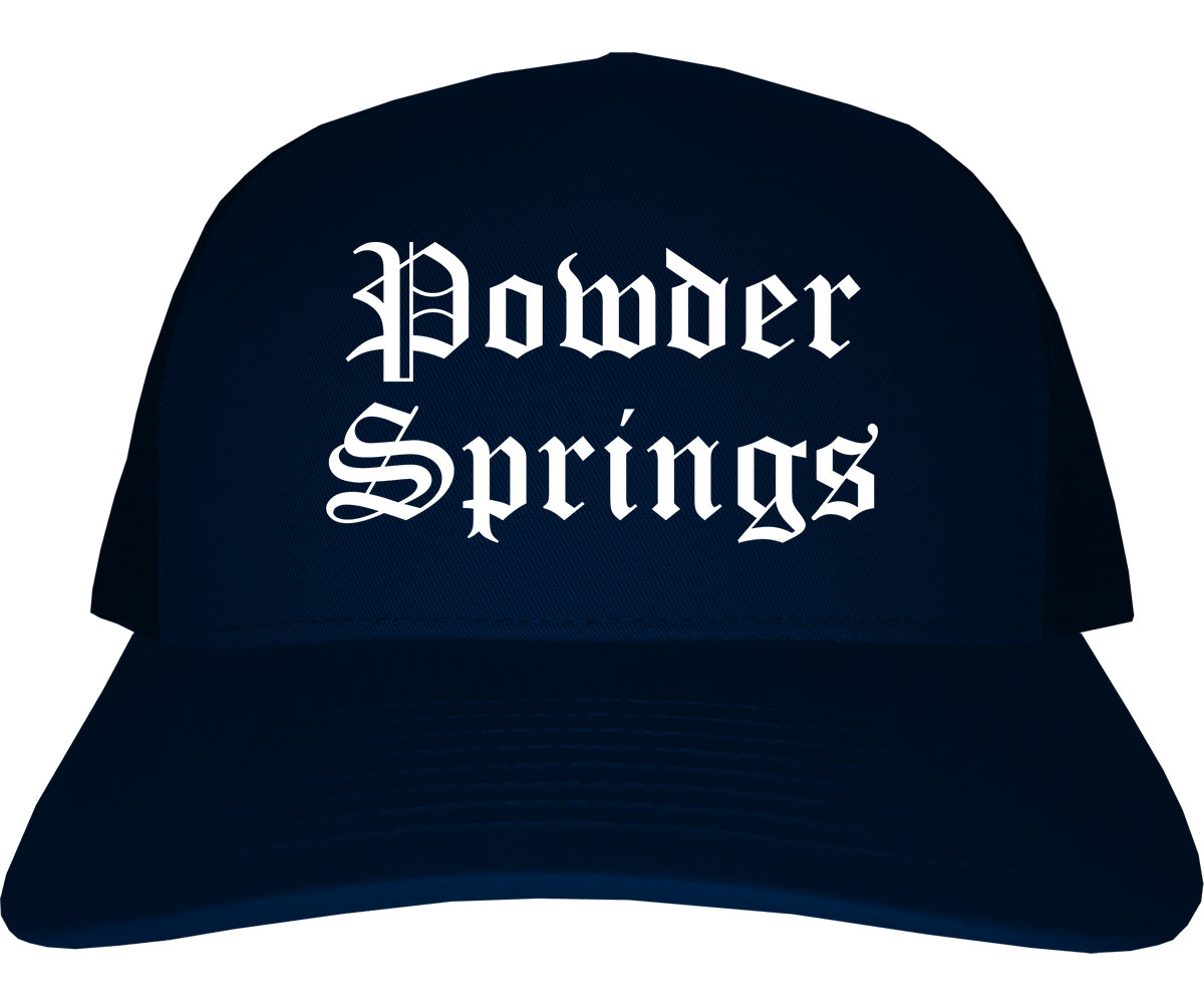 Powder Springs Georgia GA Old English Mens Trucker Hat Cap Navy Blue