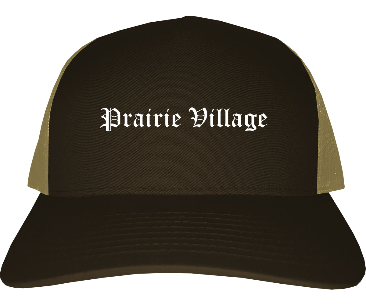 Prairie Village Kansas KS Old English Mens Trucker Hat Cap Brown