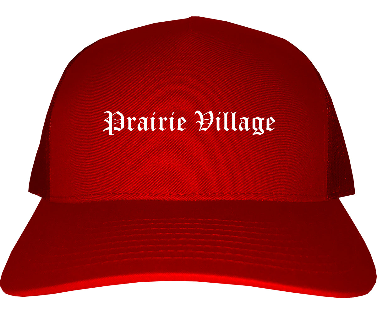 Prairie Village Kansas KS Old English Mens Trucker Hat Cap Red