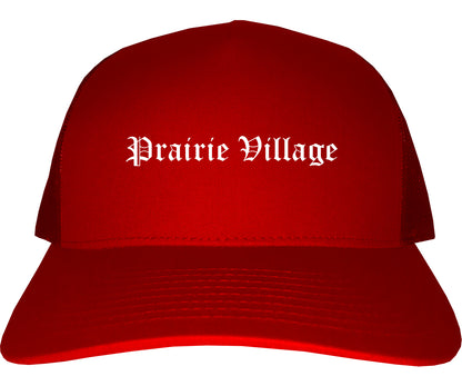 Prairie Village Kansas KS Old English Mens Trucker Hat Cap Red