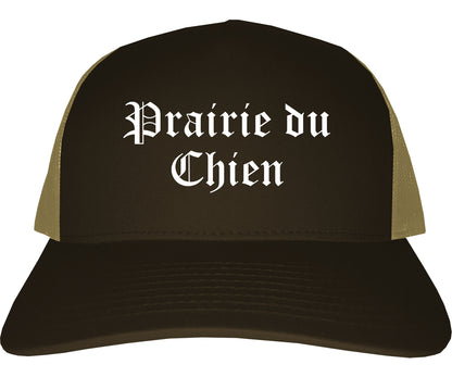 Prairie du Chien Wisconsin WI Old English Mens Trucker Hat Cap Brown