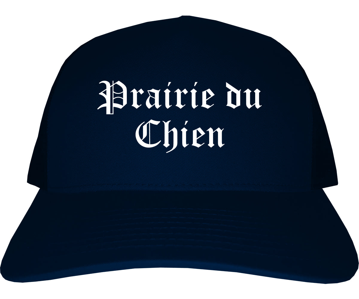 Prairie du Chien Wisconsin WI Old English Mens Trucker Hat Cap Navy Blue