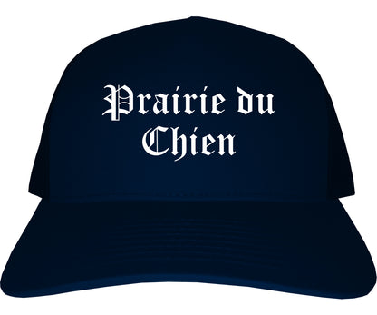 Prairie du Chien Wisconsin WI Old English Mens Trucker Hat Cap Navy Blue