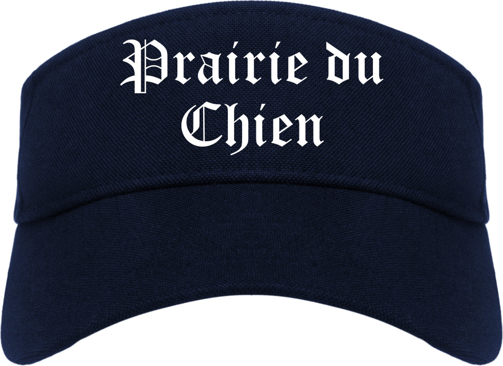 Prairie du Chien Wisconsin WI Old English Mens Visor Cap Hat Navy Blue