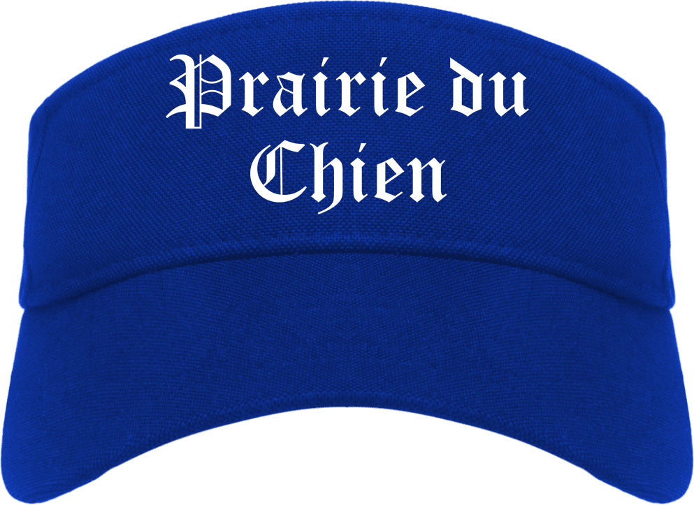 Prairie du Chien Wisconsin WI Old English Mens Visor Cap Hat Royal Blue