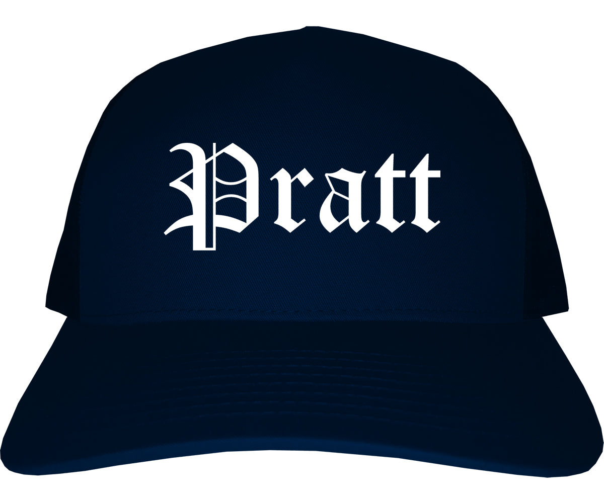 Pratt Kansas KS Old English Mens Trucker Hat Cap Navy Blue