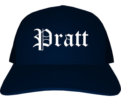 Pratt Kansas KS Old English Mens Trucker Hat Cap Navy Blue