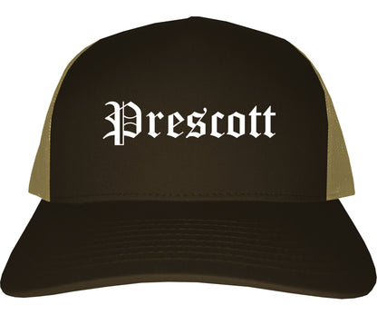 Prescott Arizona AZ Old English Mens Trucker Hat Cap Brown