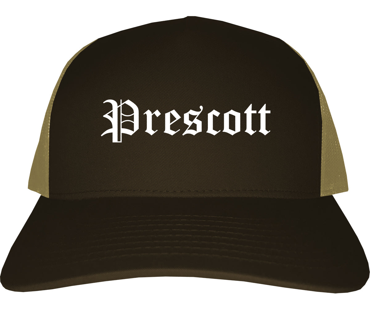 Prescott Arkansas AR Old English Mens Trucker Hat Cap Brown