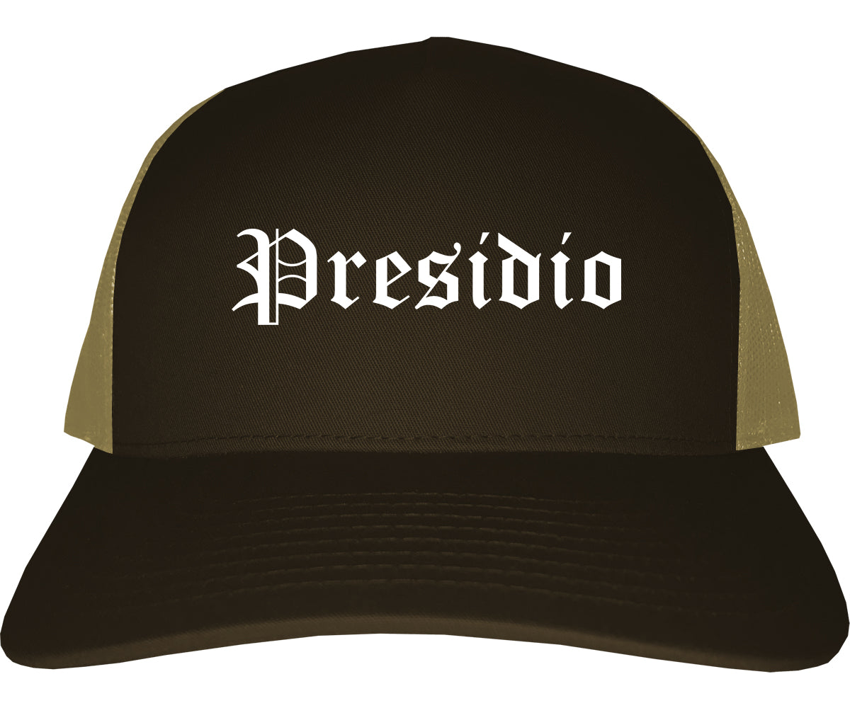 Presidio Texas TX Old English Mens Trucker Hat Cap Brown