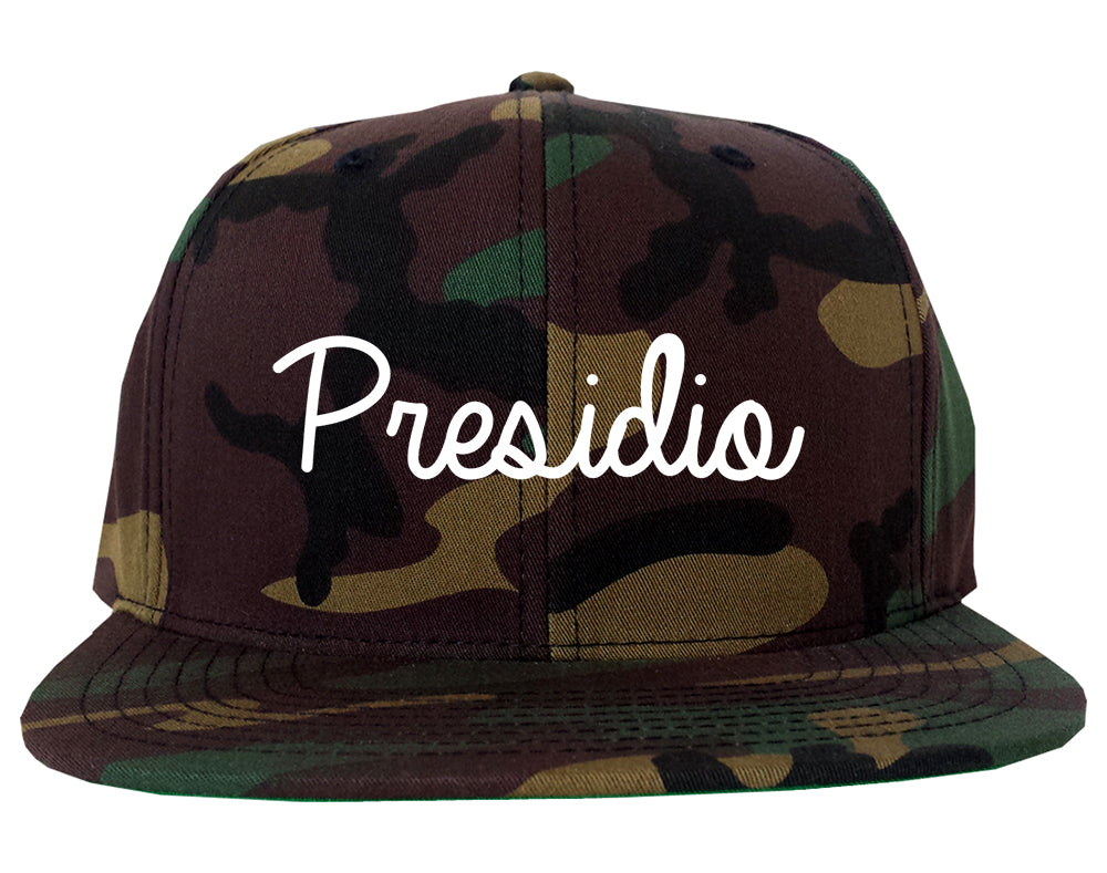 Presidio Texas TX Script Mens Snapback Hat Army Camo