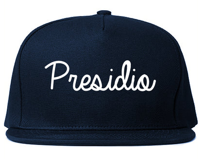 Presidio Texas TX Script Mens Snapback Hat Navy Blue