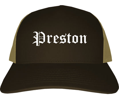 Preston Idaho ID Old English Mens Trucker Hat Cap Brown