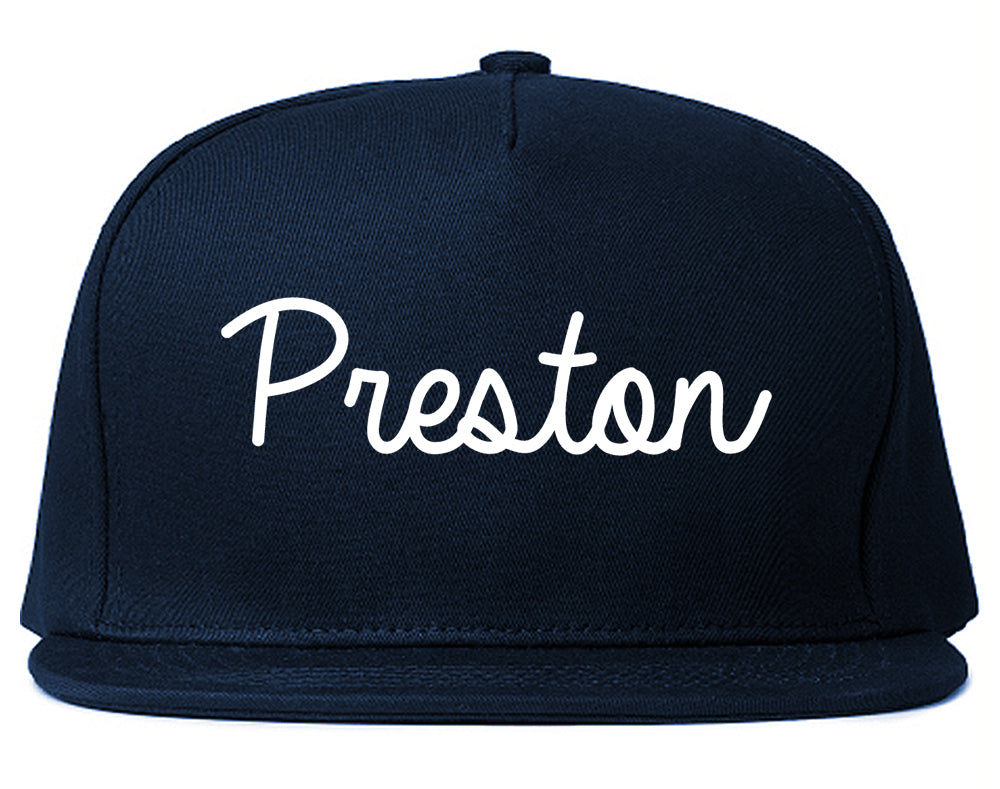 Preston Idaho ID Script Mens Snapback Hat Navy Blue