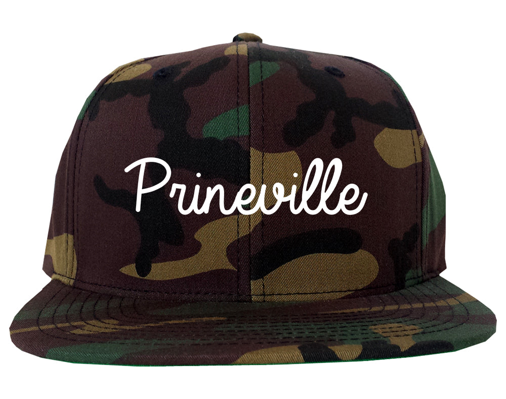 Prineville Oregon OR Script Mens Snapback Hat Army Camo