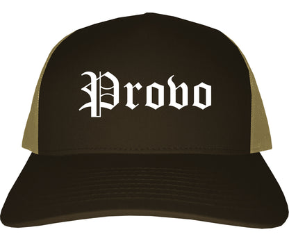 Provo Utah UT Old English Mens Trucker Hat Cap Brown