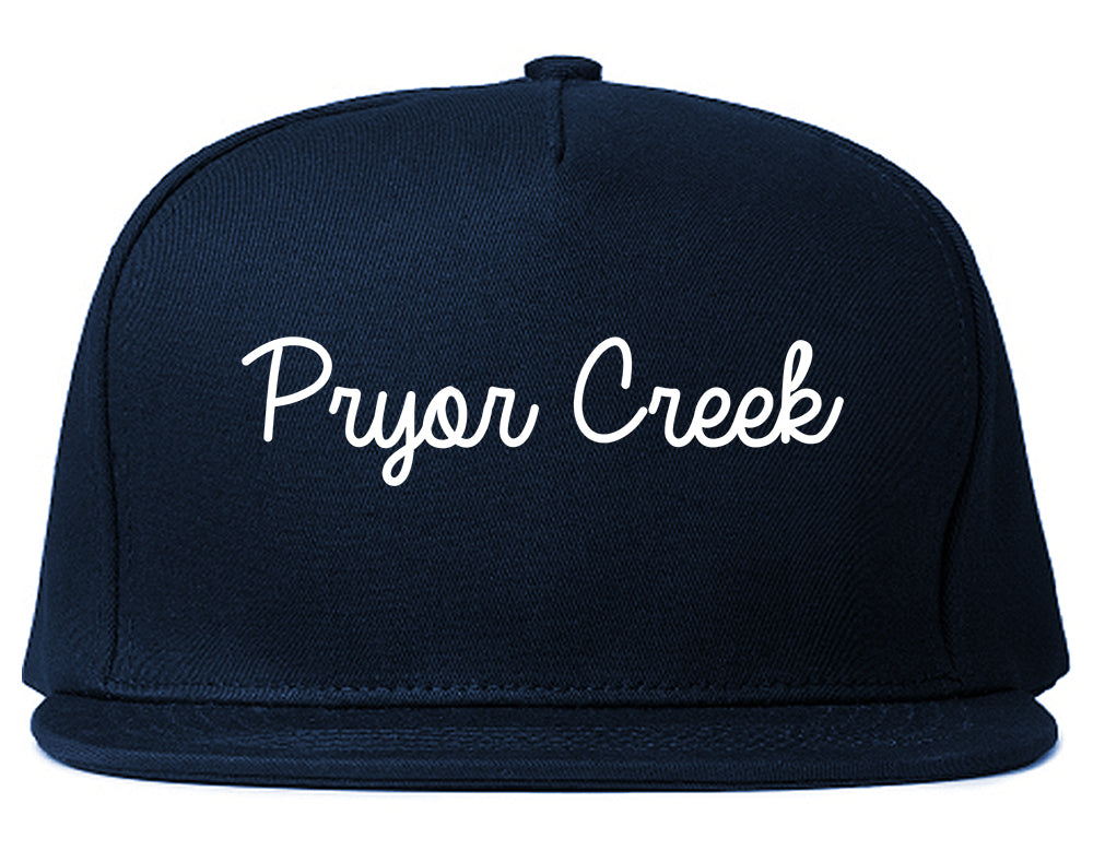 Pryor Creek Oklahoma OK Script Mens Snapback Hat Navy Blue