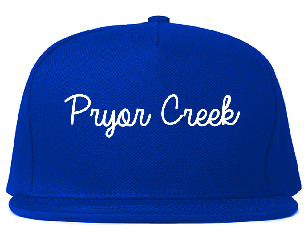 Pryor Creek Oklahoma OK Script Mens Snapback Hat Royal Blue