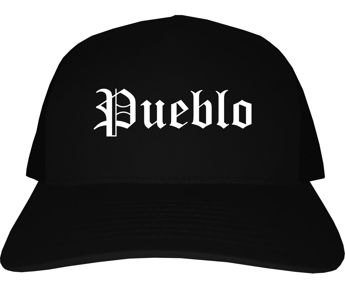 Pueblo Colorado CO Old English Mens Trucker Hat Cap Black
