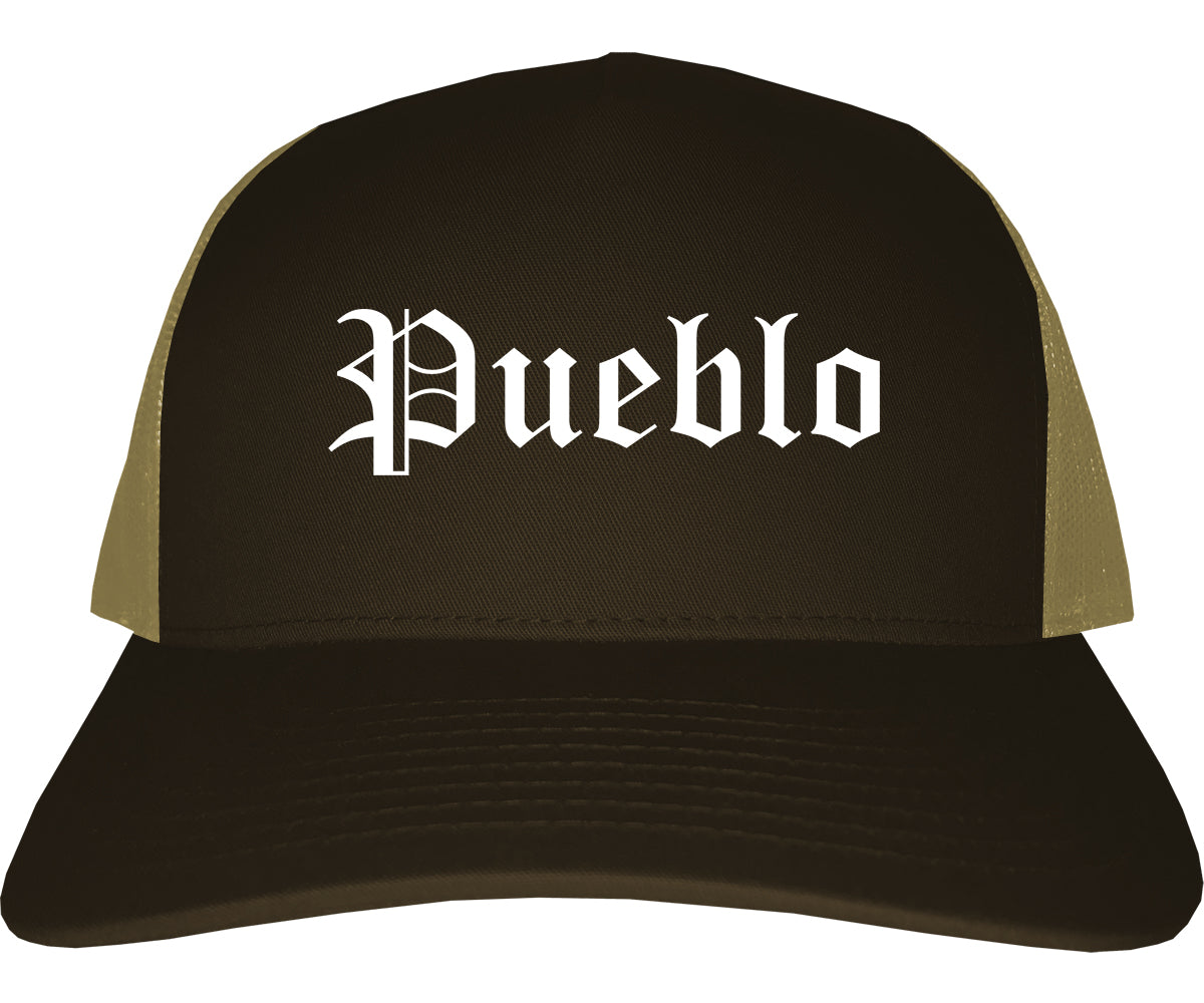 Pueblo Colorado CO Old English Mens Trucker Hat Cap Brown